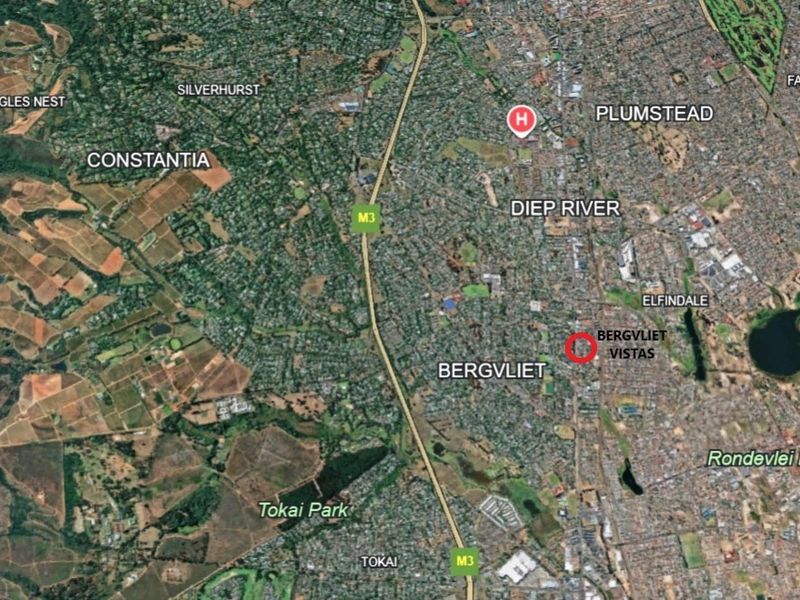 An aerial map view showing the location of Bergvliet Vistas in relation to surrounding suburbs and landmarks.
