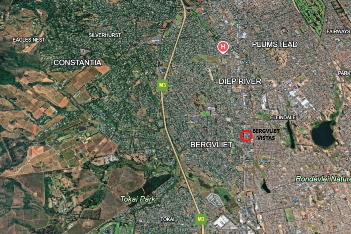 An aerial map view showing the location of Bergvliet Vistas in relation to surrounding suburbs and landmarks.