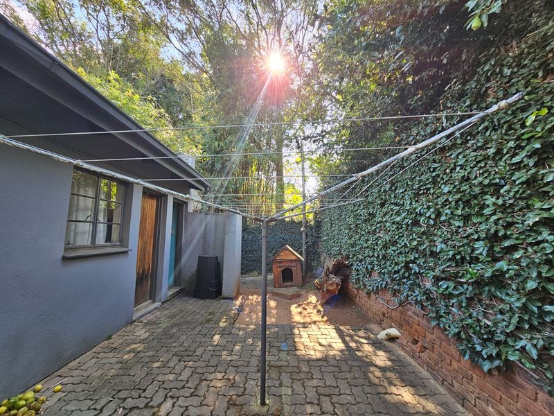 A rear courtyard area featuring paved flooring, a brick boundary wall with climbing ivy, and a rotary clothesline.