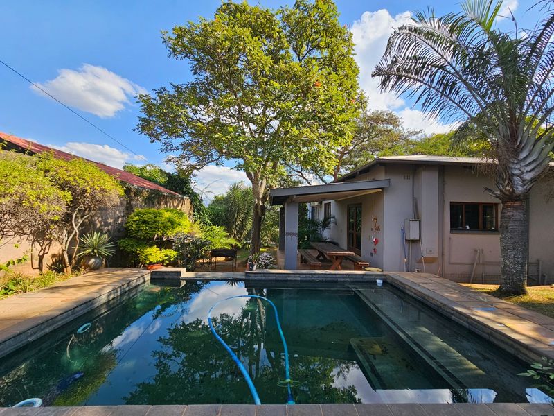 A backyard pool area featuring a paved surround, a covered patio space, and established garden landscaping with mature trees.