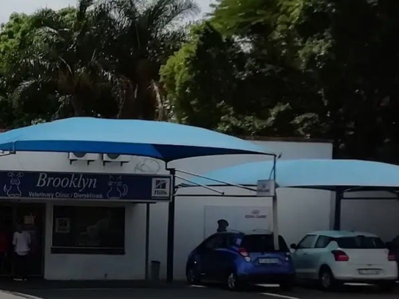 Front exterior view of the Brooklyn Veterinary Clinic featuring a covered parking area with shade sails.
