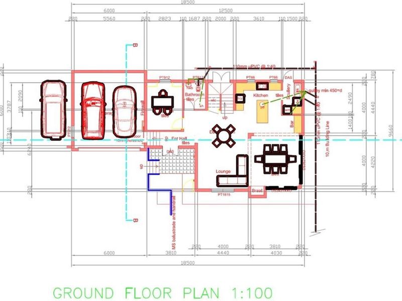 A detailed ground floor architectural plan showing the layout of the garage, living areas, kitchen, scullery, and bathroom.