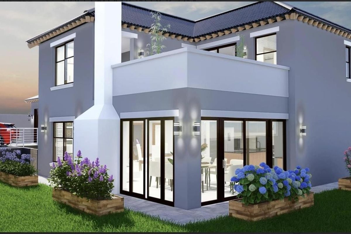 A modern two-story residential exterior featuring a balcony, large sliding glass doors, and a chimney stack, set within a landscaped garden.