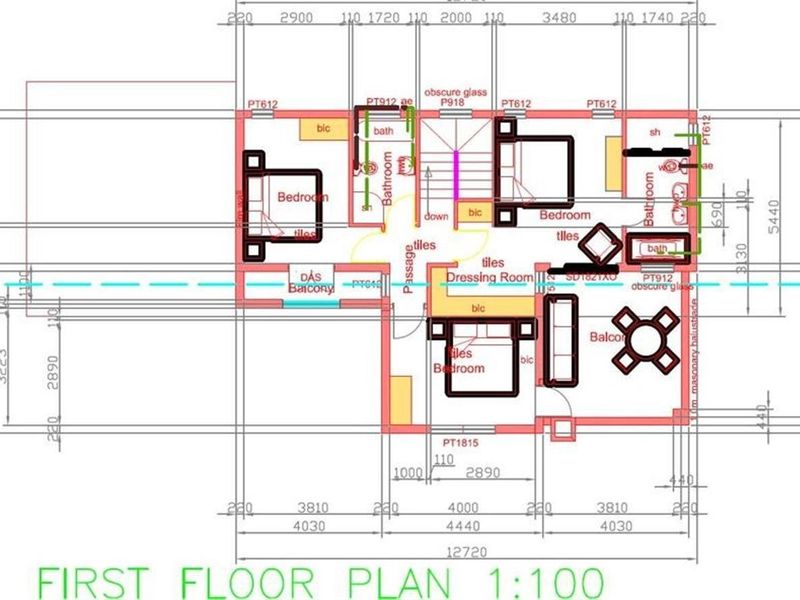 Architectural first floor plan showing the layout of bedrooms, bathrooms, dressing room, and balconies.