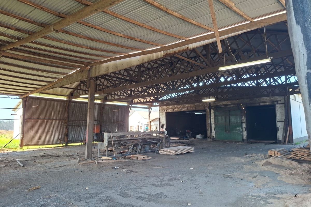 Large industrial utility space featuring high ceilings with exposed timber trusses, corrugated metal roofing, and concrete flooring, suitable for storage or workshop use.