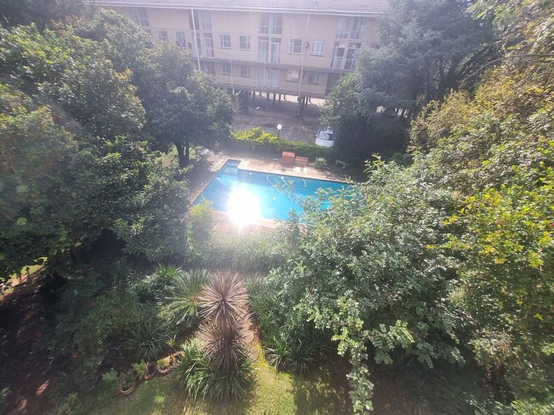 Elevated view of a communal swimming pool set within a lush, mature garden area, providing a tranquil outdoor space for residents.