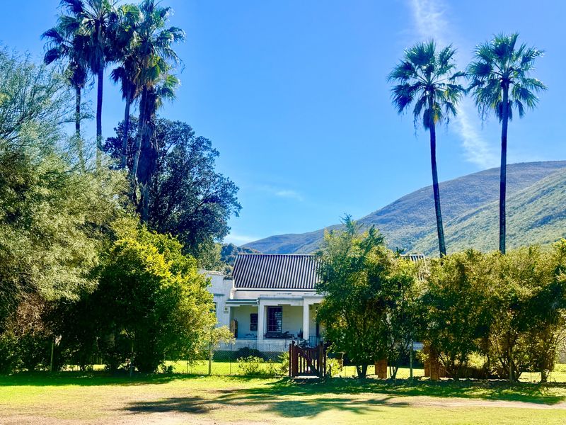 A charming farmhouse exterior featuring a pitched roof and covered veranda, set against a scenic mountain backdrop with mature palm trees and garden.