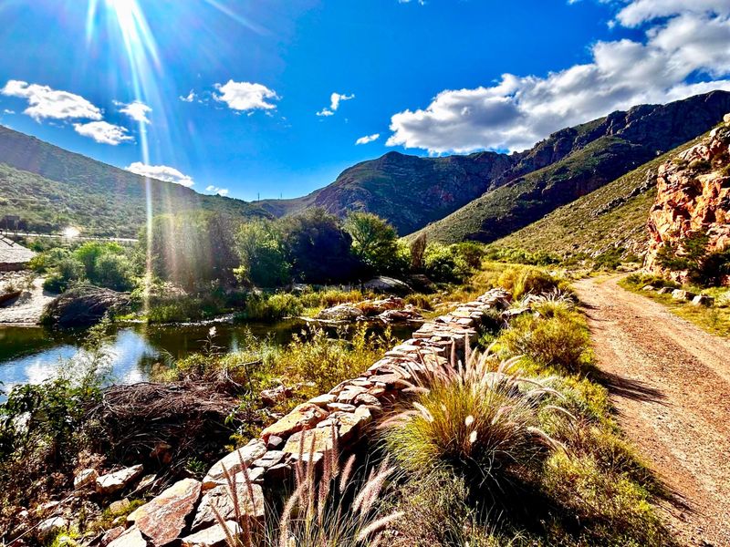 A scenic view of the farm landscape featuring a natural stream, a stone retaining wall, and a dirt access road set against mountain slopes.