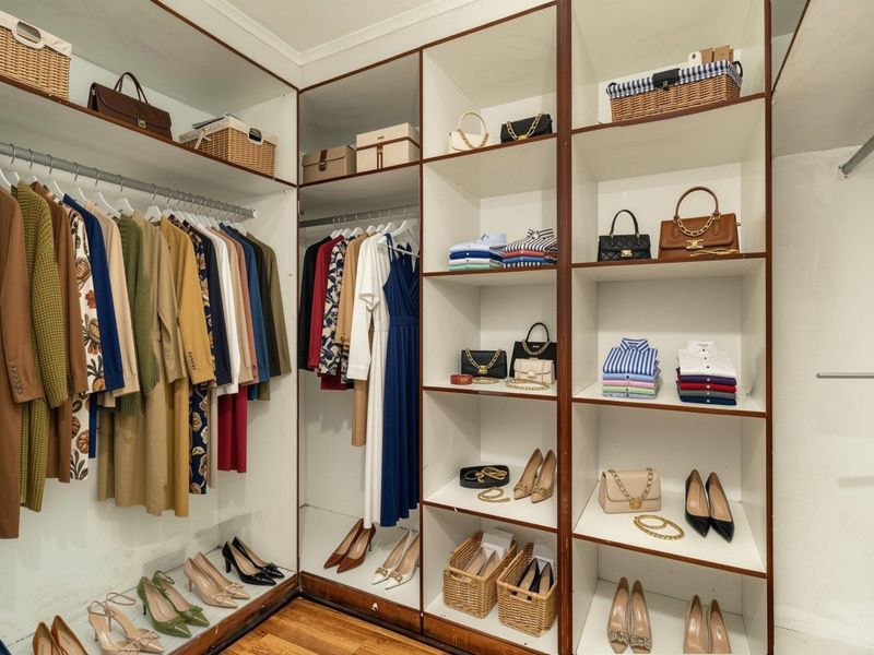 A well-organized walk-in wardrobe featuring extensive built-in shelving, hanging rails, and warm timber flooring.