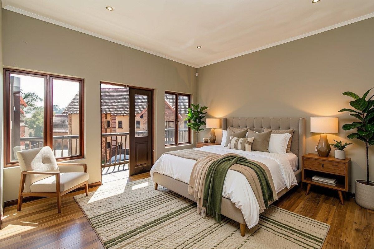 Spacious bedroom featuring hardwood flooring, recessed lighting, and direct access to a private balcony through a glass-paneled door.