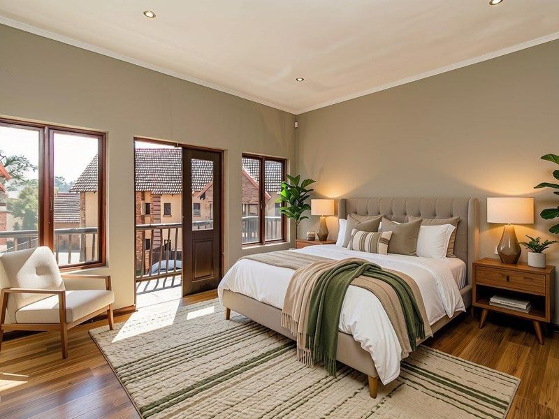 Spacious bedroom featuring hardwood flooring, recessed lighting, and direct access to a private balcony through a glass-paneled door.