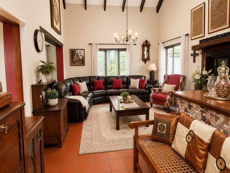 Spacious living room featuring high ceilings with exposed timber beams, terracotta floor tiles, and a traditional built-in fireplace.