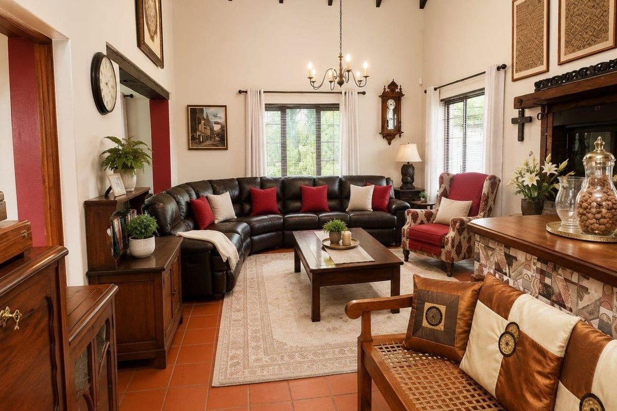 Spacious living room featuring high ceilings with exposed timber beams, terracotta floor tiles, and a traditional built-in fireplace.
