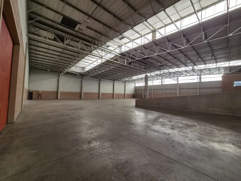 Spacious industrial warehouse featuring high ceilings with exposed steel trusses, abundant natural light from skylights, and durable concrete flooring.