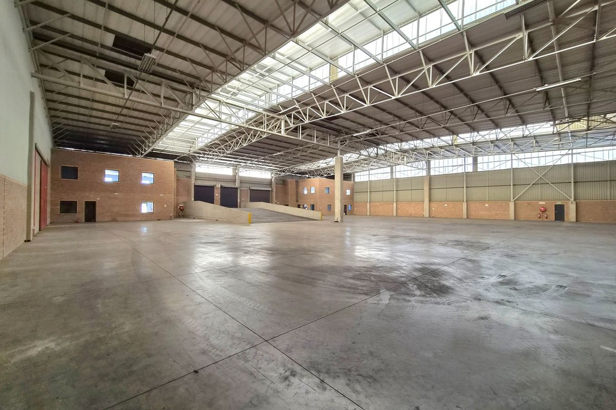 Spacious industrial warehouse featuring high ceilings with integrated skylights, concrete flooring, and a dedicated internal loading ramp for efficient logistics operations.