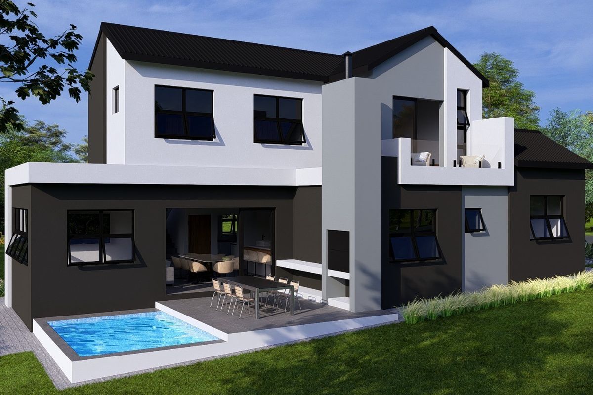 Rear view of a modern two-story house featuring a swimming pool, tiled patio area with built-in braai, and an upper-level balcony.