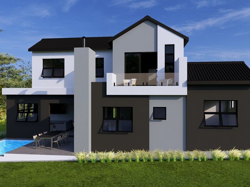 A modern two-story residential exterior featuring a swimming pool, covered patio, and an upper-level balcony with glass balustrades.