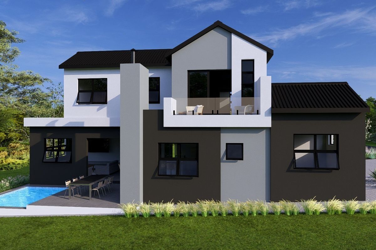 A modern two-story residential exterior featuring a swimming pool, covered patio, and an upper-level balcony with glass balustrades.