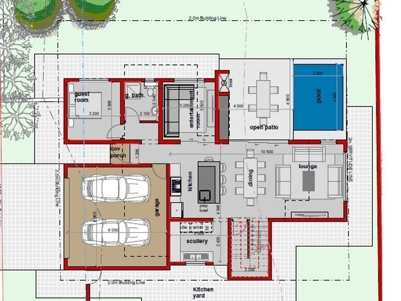 Architectural floor plan showing a modern layout with a double garage, open-plan living spaces, guest suite, entertainment room, patio, and swimming pool.