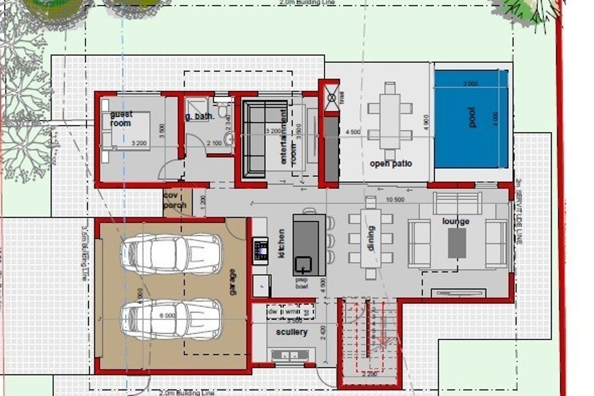 Architectural floor plan showing a modern layout with a double garage, open-plan living spaces, guest suite, entertainment room, patio, and swimming pool.