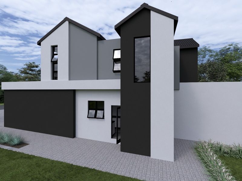 A modern two-story residential house featuring a striking black and white facade, paved driveway, and clean architectural lines.