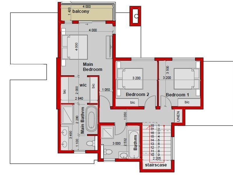 A detailed architectural floor plan showing the layout of the upper level, including three bedrooms, two bathrooms, a walk-in closet, and a balcony.