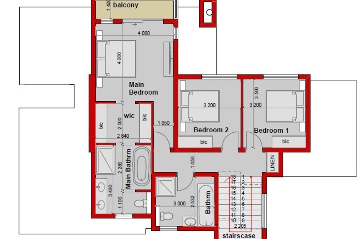 A detailed architectural floor plan showing the layout of the upper level, including three bedrooms, two bathrooms, a walk-in closet, and a balcony.