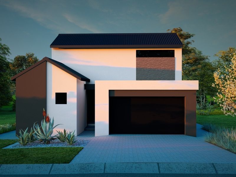 Modern two-story residential facade featuring a sleek garage, clean architectural lines, and a paved driveway set in a landscaped environment.