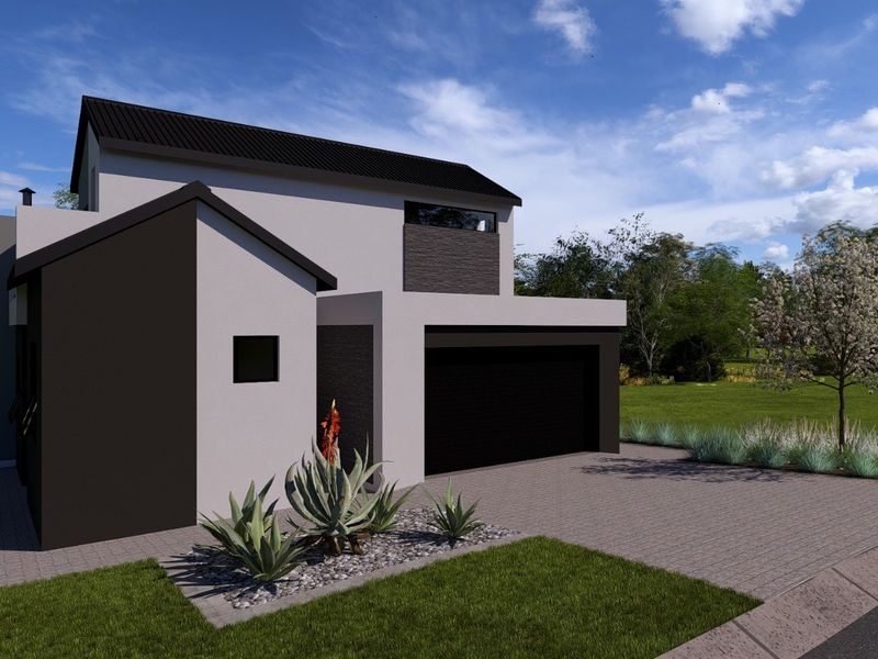A modern architectural rendering of a two-story residential home featuring a paved driveway, double garage, and contemporary exterior finishes.