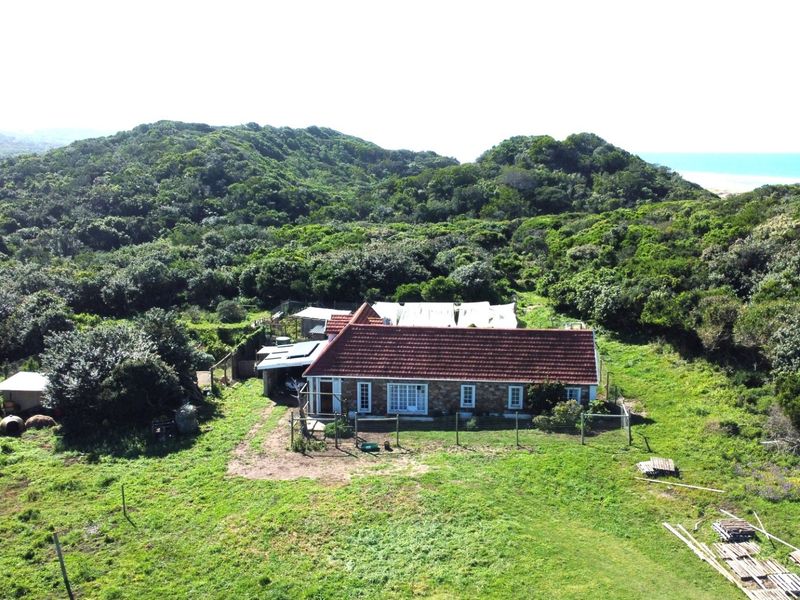 Aerial view of a stone-clad small holding property nestled in a lush, coastal landscape with surrounding vegetation and outbuildings.