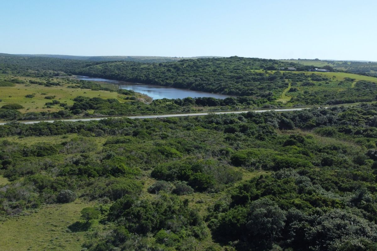 An aerial view of the expansive rural property featuring natural vegetation and a scenic river flowing through the landscape.