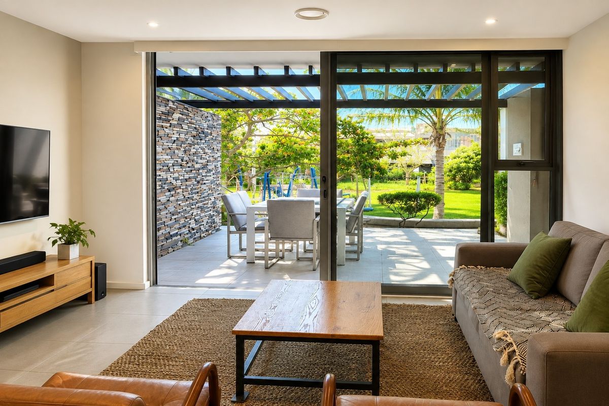 Modern living room featuring large sliding glass doors that open onto a paved patio with a pergola and stone feature wall.