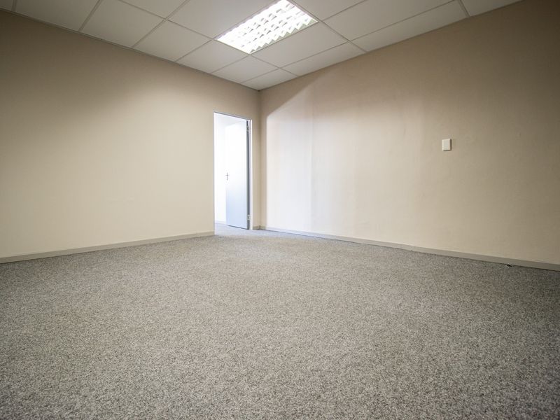 A clean, vacant office space featuring neutral walls, grey carpeting, and a suspended ceiling with recessed lighting.