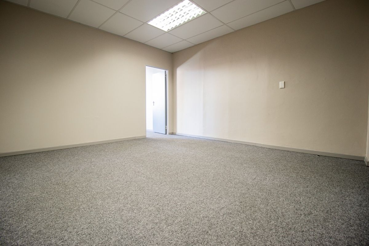 A clean, vacant office space featuring neutral walls, grey carpeting, and a suspended ceiling with recessed lighting.