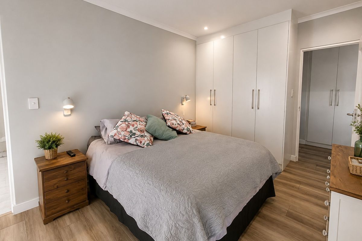 A well-maintained bedroom featuring modern built-in cupboards, recessed downlighting, and durable laminate flooring, creating a clean and functional living space.