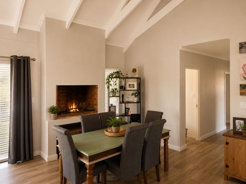 A bright dining room featuring a vaulted ceiling with exposed rafters, a classic brick fireplace, and modern laminate flooring.