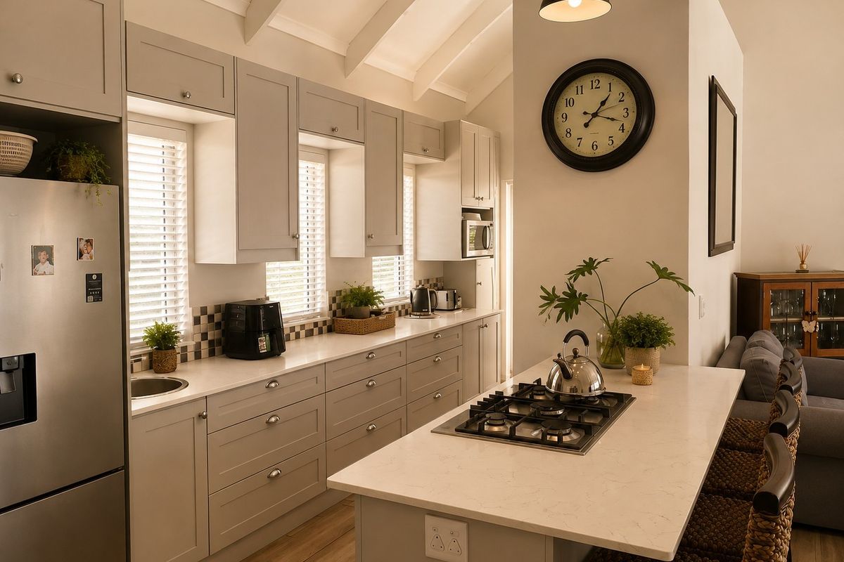 Modern kitchen featuring light grey shaker-style cabinetry, stone countertops, a central island with a gas hob, and high vaulted ceilings with exposed beams.
