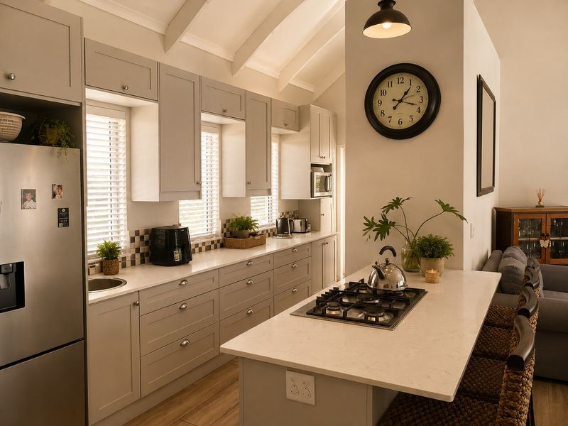 Modern kitchen featuring light grey shaker-style cabinetry, stone countertops, a central island with a gas hob, and high vaulted ceilings with exposed beams.