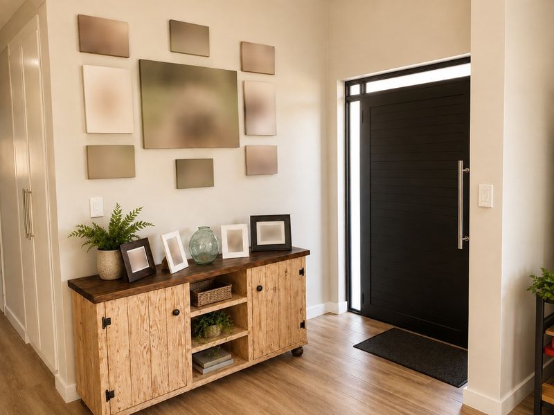 A bright and welcoming entrance hall featuring a modern black front door, timber-look flooring, and integrated storage cabinetry.