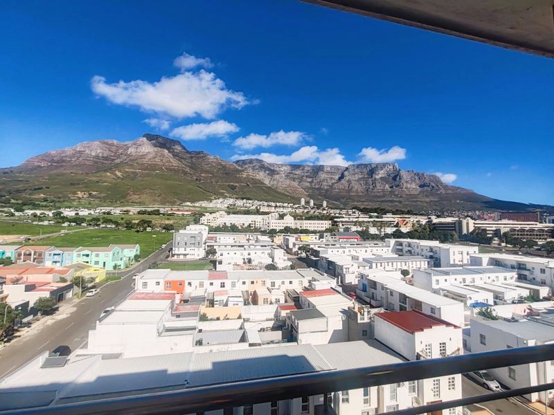 A clear, elevated view of the surrounding residential neighborhood and mountain range, captured from a balcony.
