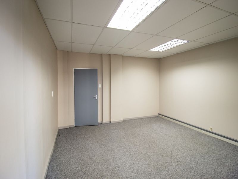 A clean, empty commercial office space featuring neutral walls, grey carpeting, and a suspended ceiling with recessed lighting.