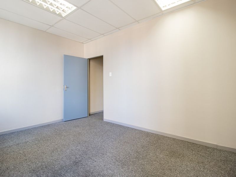 A clean, empty office space featuring neutral walls, grey carpeting, and a suspended ceiling with recessed lighting.