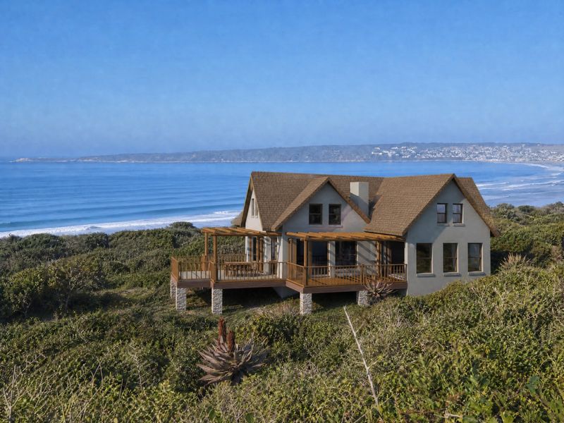 A coastal residence featuring a timber deck and pergola, set against a scenic ocean backdrop with natural vegetation.
