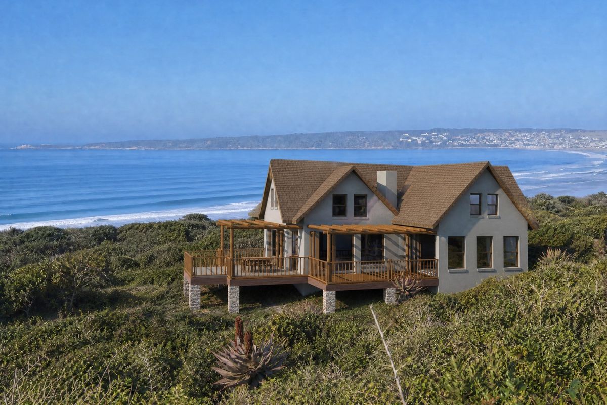 A coastal residence featuring a timber deck and pergola, set against a scenic ocean backdrop with natural vegetation.