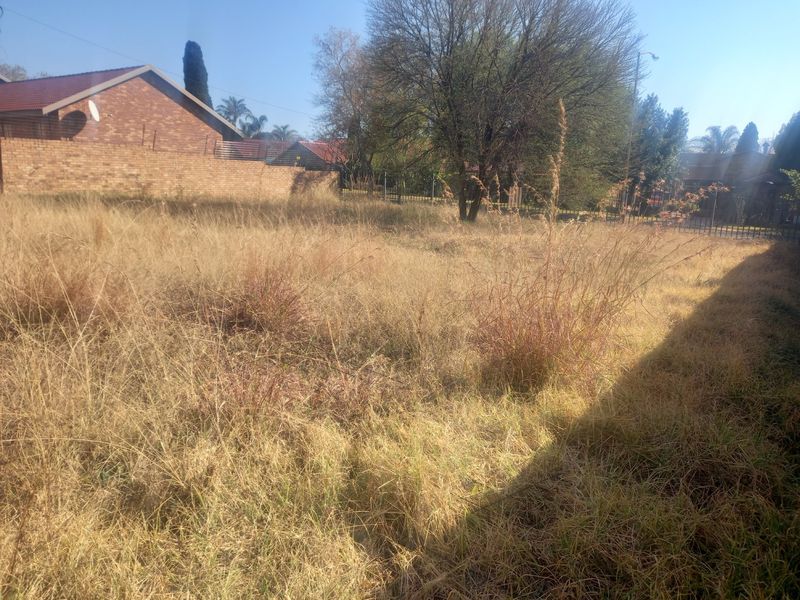 A vacant residential plot featuring overgrown grass and established trees, enclosed by a brick boundary wall and perimeter fencing.