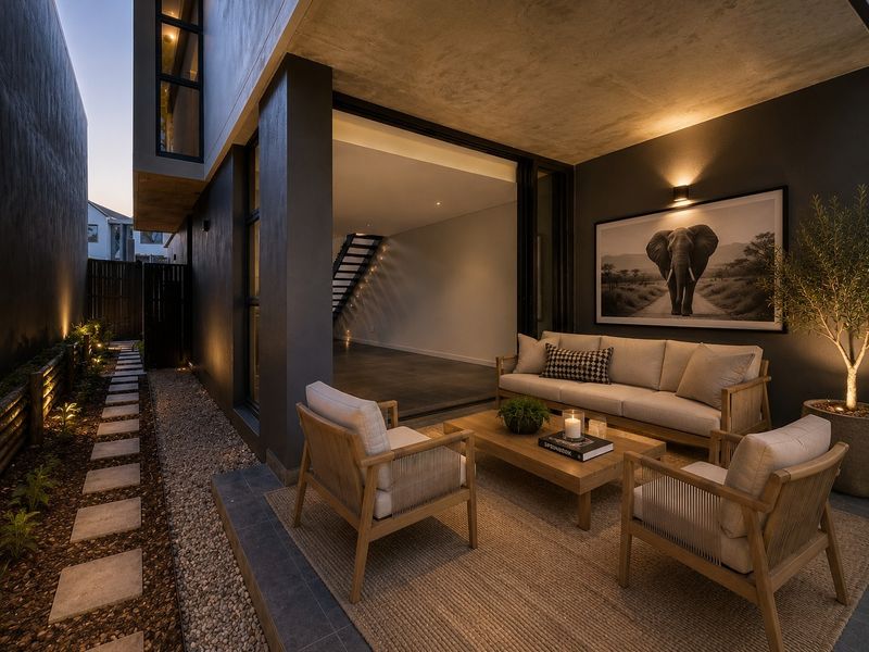 A modern covered patio featuring tiled flooring, recessed lighting, and seamless access to the interior living space, complemented by a landscaped side garden path.