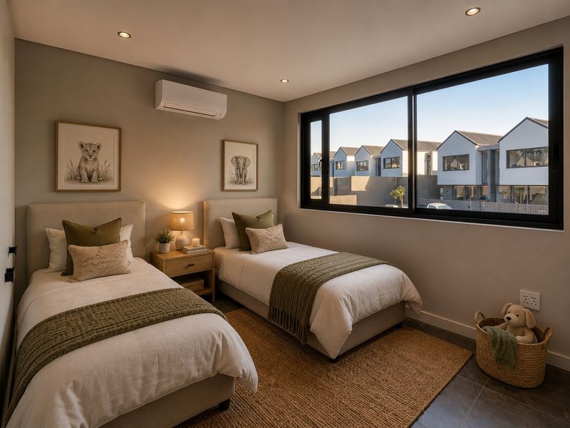 A modern, well-lit bedroom featuring tiled floors, a split-system air conditioner, and a large window with views of the surrounding townhouse complex.