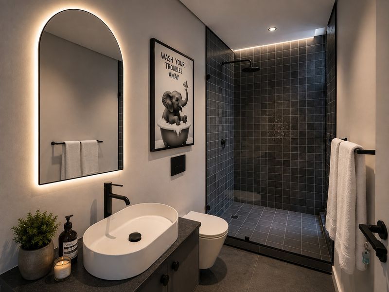 Modern bathroom featuring a walk-in shower with dark tiling, a vessel sink on a vanity, and a stylish backlit arched mirror.