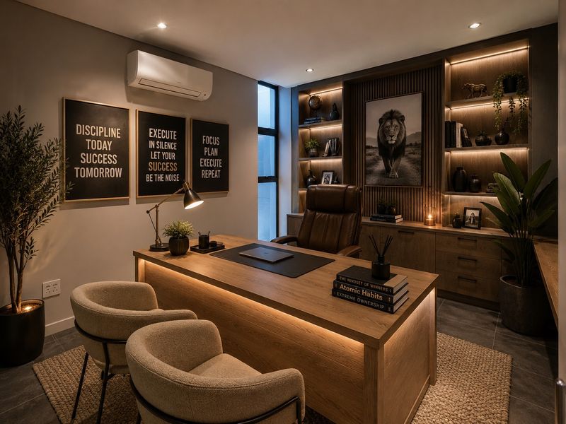 A modern, professionally styled home office featuring custom built-in cabinetry, integrated LED shelving, and a split-system air conditioner.