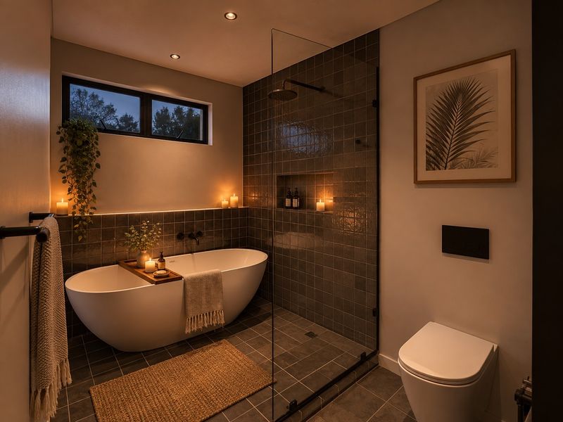 Modern bathroom featuring a freestanding bathtub, walk-in shower with glass screen, wall-mounted toilet, and stylish dark tiling with recessed lighting.
